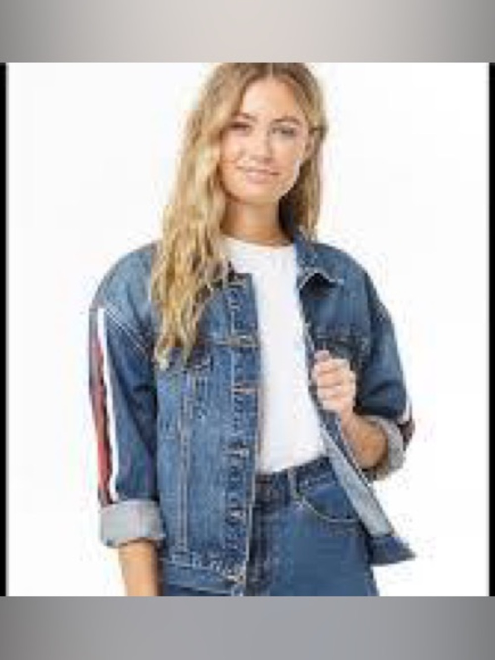 Forever 21 Striped Sleeve Raw Hem Denim Jacket Medium